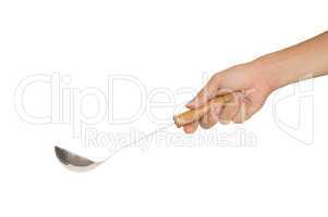 isolated hand holding a ladle or big spoon for soup