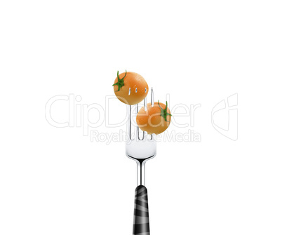 Tomato pierced by fork,  isolated on white background