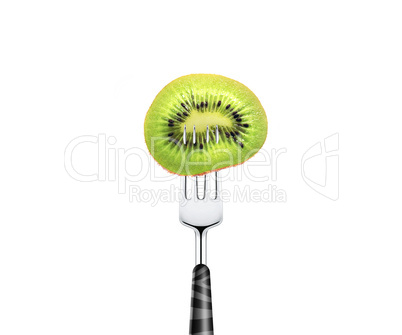 kiwi slice pierced by fork,  isolated on white background