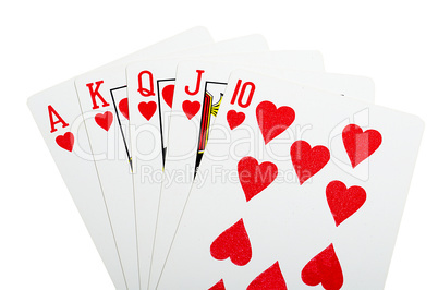 Royal flush hearts for poker closeup
