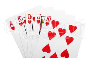 Royal flush hearts for poker closeup