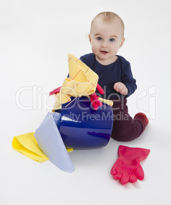 toddler with bucket and floor cloth