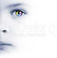 Child's face, colorful eye and map
