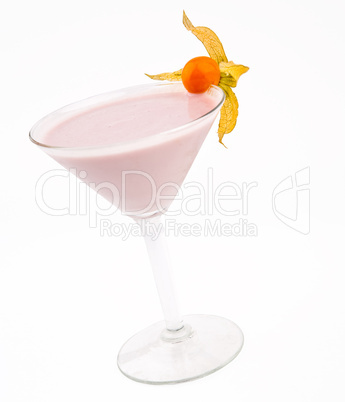 A delicious pink cocktail in a glass beaker decorated with cape