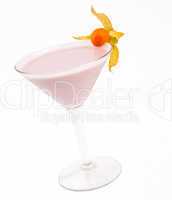 A delicious pink cocktail in a glass beaker decorated with cape