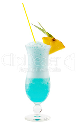 A delicious blue cocktail with slices of fresh pineapple and gre