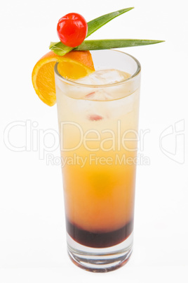 A delicious refreshing cocktail with slices of orange and a cher