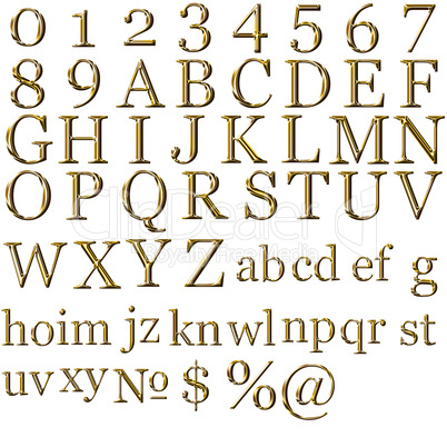 set of gold alphabet symbols  - uppercase and lowercase letter