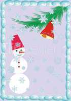 snowman at the christmas on the violet background with a bell