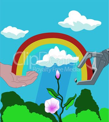 Robot and human hands with a rainbow