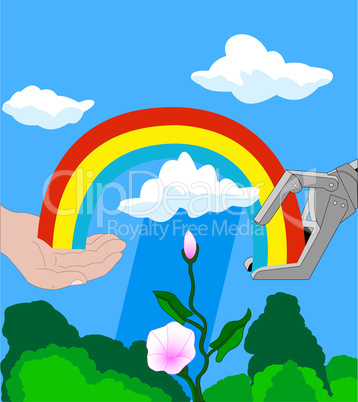Robot and human hands with a rainbow