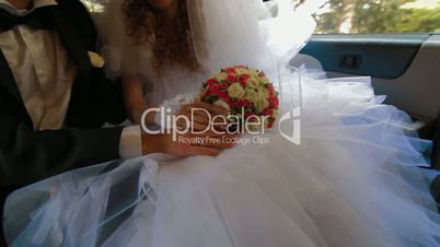 Just Married Young Couple Inside Limo