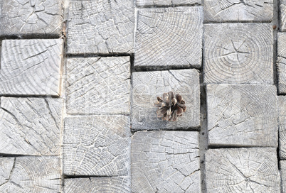 Pine cone on a wooden sidewalk