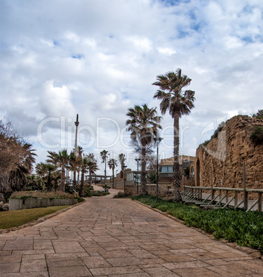 Ruins of the ancient Romanian harbor, Caesarea, Israel .