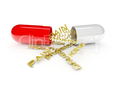 one open pill with different words about health (3d render)