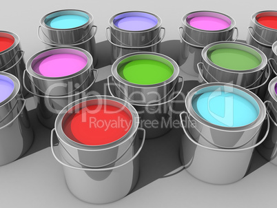 Paint buckets with various colored paint
