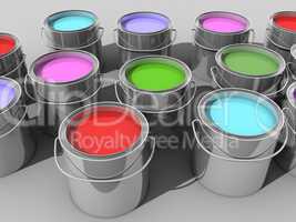 Paint buckets with various colored paint