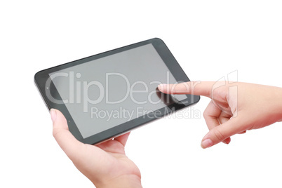 Woman hands holding and pointing on contemporary digital frame w