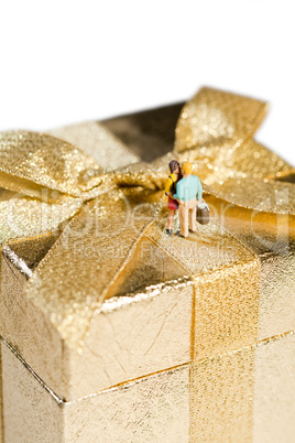 Miniatur Pärchen umarmt sich auf Geschenk Schachtel