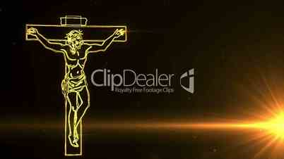 yellow glowing Jesus Christ on cross being drawn on screen by light streak.