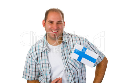 Junger Mann mit finnischer Nationalfahne