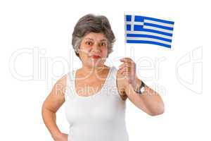 Seniorin mit griechischer Flagge