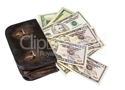 old wallet with dollars isolated on the white background