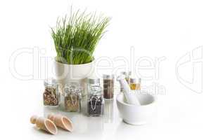 spices with chive and mortar