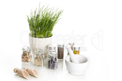 spices with chive and mortar