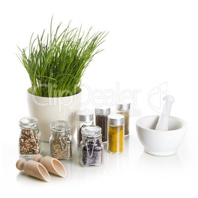 spices with chive and mortar