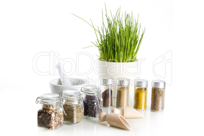 spices with chive and mortar