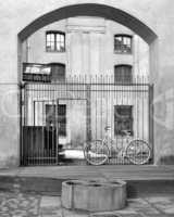 Bicycle of the monk at monastery gate