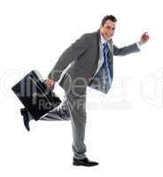 Full length portrait of a businessman running away