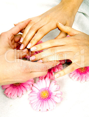 feminin hands with a treatment doing a manicure closeup