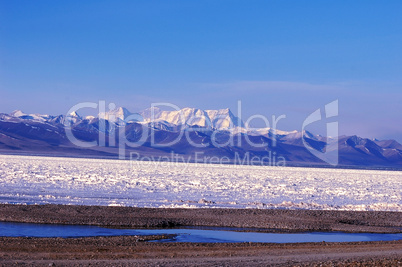 Landscape of snow-capped mountains and lake