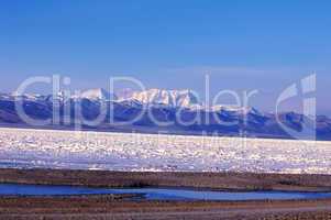 Landscape of snow-capped mountains and lake