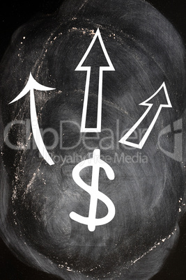 US Dollar symbol with up arrows on blackboard