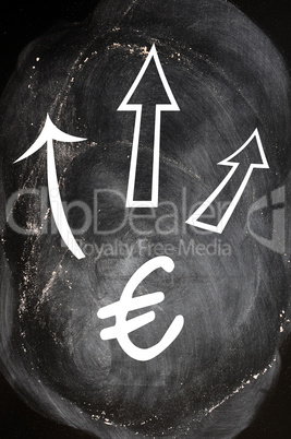 Euro symbol with up arrows on blackboard