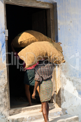 Mann mit Jutesack, Indien, Man with jute bag in India