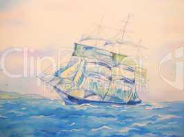 Blue ship at sea art painting on silk.