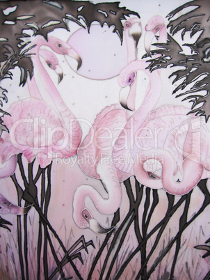 Pink flamingo and moon  with tropical trees painting