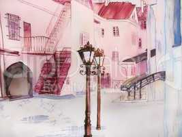Painting city street romantic light in pink.