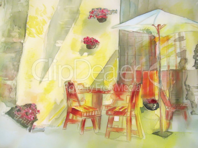 City sreet cafe in yellow painting.