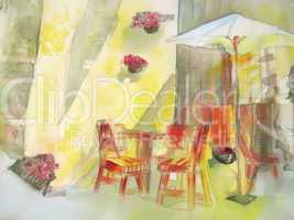 City sreet cafe in yellow painting.