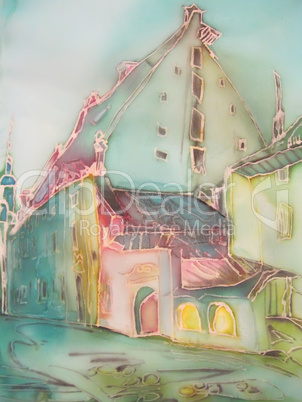 European city buildings abstract painting on silk.