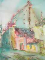 European city buildings abstract painting on silk.