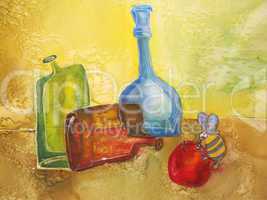 Painting with pottery and glass bottles.