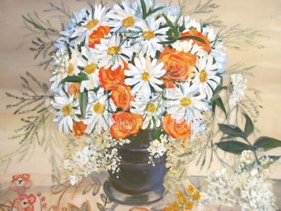 Chamomiles and orange flowers in vase painting.