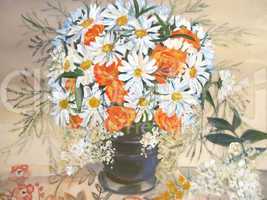 Chamomiles and orange flowers in vase painting.