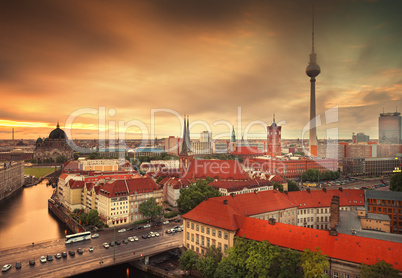 Berlin Skyline City Panorama with Sunset - famous landmark in Berlin, Germany, Europe